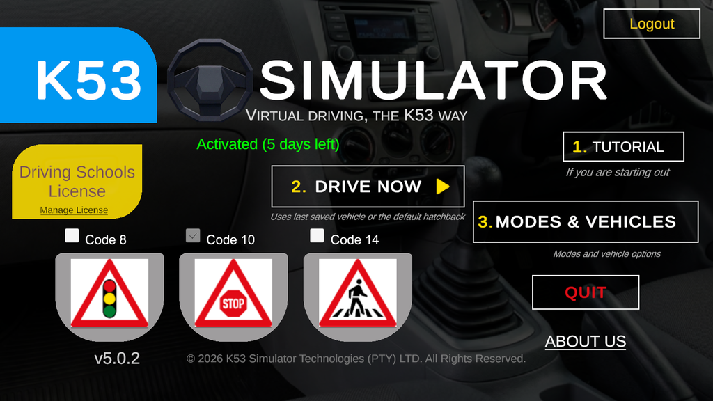 K53 Simulator Main Menu